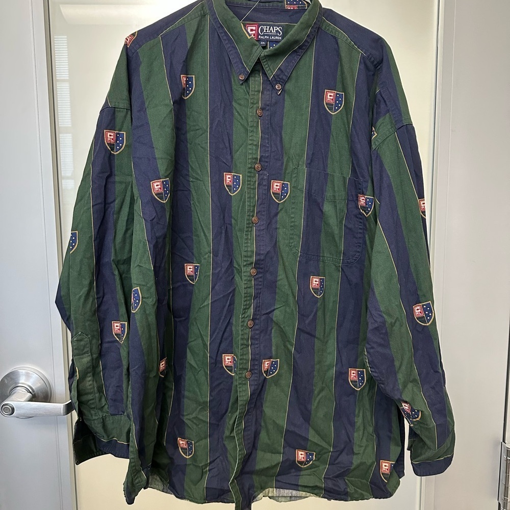 CHAPS RALPH LAUREN 90s Button-down Shirt XXL Green Navy Striped Emblem Logo